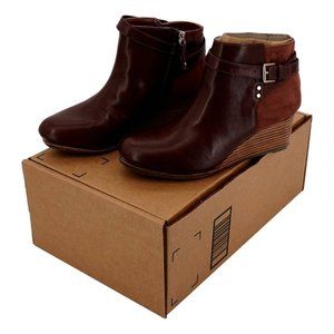Dr Scholls Womens Wedge Booties Brown Stacked Heel Straps Buckle Ankle Zip 6 New